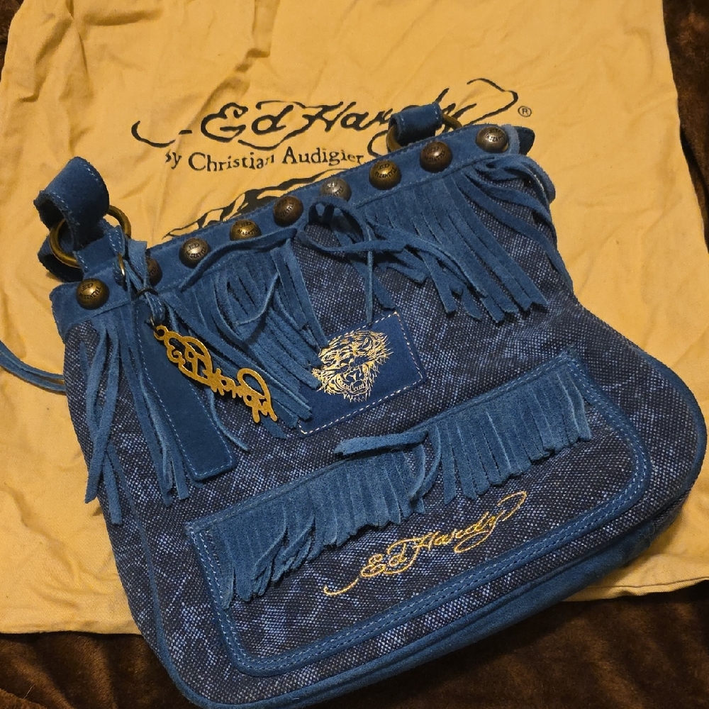 Vintage Ed Hardy Denim Blue Suede Fringe Shoulder Bag